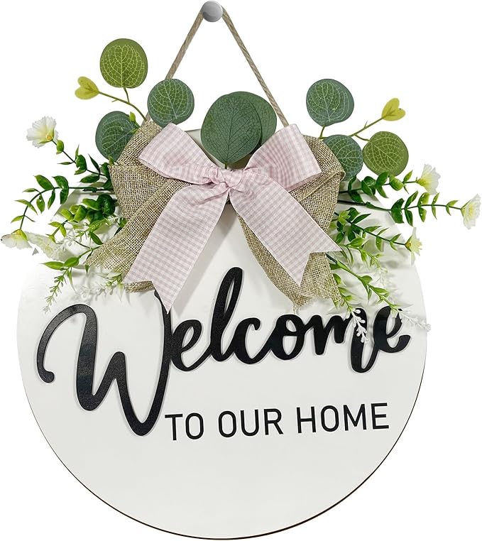 VPDTVK Welcome Sign for Front Door, Rustic Welcome Door Sign Outdoor Wreaths Decor for Spring Summer Autumn and Winter All Seasons Holiday Halloween Christmas(White)