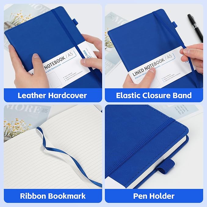 Dynta Hardcover Journal Notebooks 10 Pack A5 Lined Journals Bulk 5.8 x 8.4 Inch 160 Pages/80 Sheets College Ruled with Pen Loop Notebooks for Work, Writing, Note Taking (Blue)