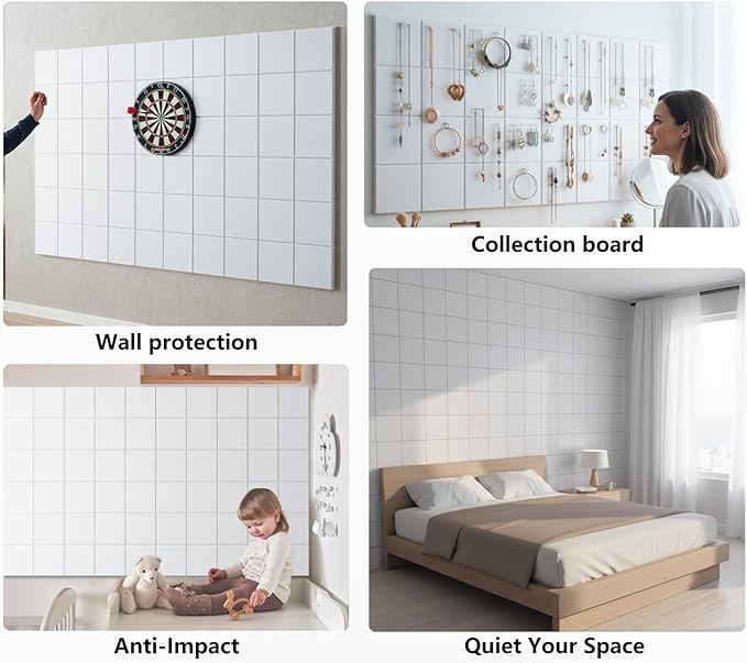 G Gamit Large Felt Wall Tiles Bulletin Board,Large Cork Board Alternative with 30 Pushpins,8-Pack Felt Pin Board with 56 Safe Removable Adhesive Tabs for Home Office School (White)