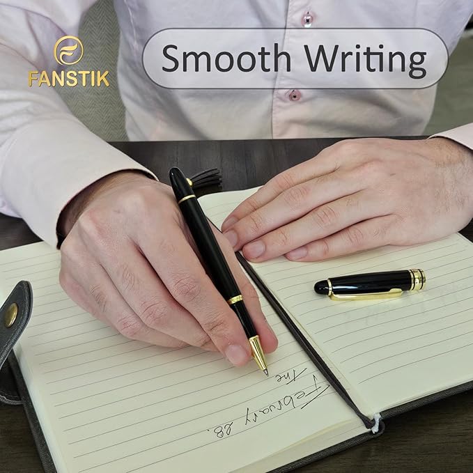 FANSTIK Customized RollerBall pen with name (MADE IN USA), stainless steel, black and gold, luxury engraved pen personalized for men and for women. (RollerBall Black-Gold)