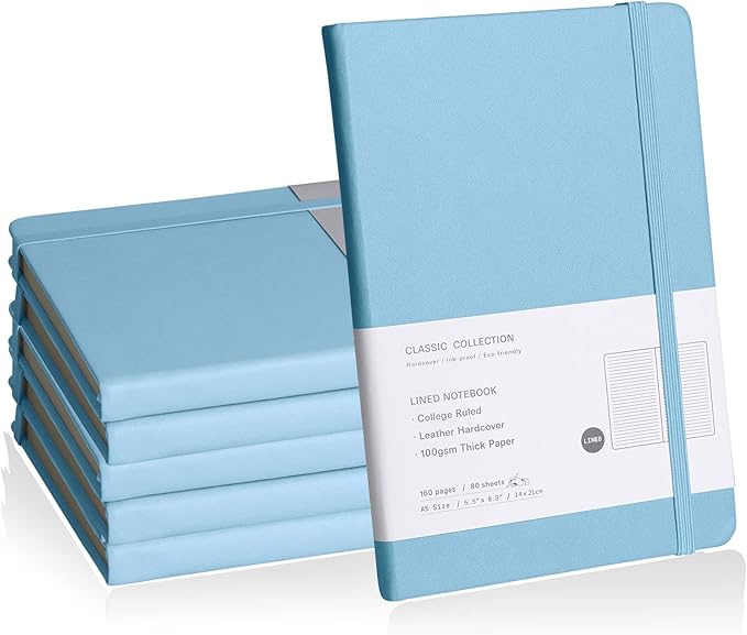 EMOMAS Lined Journal Notebook, 6Pack Hardcover Notebook for Men & Women – Journals for Writing, Work, School, Home & Daily Notes, 160 Pages – Medium A5, 5.7"x8", 100 gsm Thick Paper (Sky Blue)