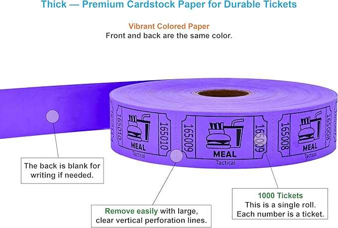 Tacticai 1000 Raffle Tickets, Meal, Purple (1 of 8 Colors), Single Roll, Ticket for Events, Food, Class Reward, Fundraiser & Prizes
