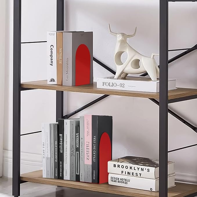 Lulonpon 4 Pieces Book Ends, Bookends, Books Stand, Metal Bookend for Shelves, Red Book Ends for School, Library, Desktop Organizer