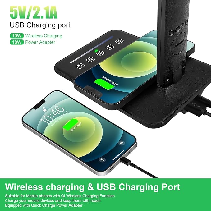 snsok Desk Lamp, Desk Light with Wireless Charger, USB Charging Port, Dimmable Office Desk Lamp with Clock, Alarm, Date, Temperature, Foldable Table Lamp for Table Bedroom Bedside Office (Black PRO)