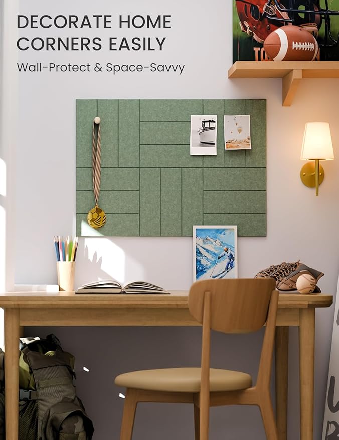 Fluxynara Felt Bulletin Board Tiles -28"x18" with 40 Adhesive Tabs, Cork Board Alternative for Office Decor, Push Pin Board Wall Organizer 6-Pack (Moss Green)