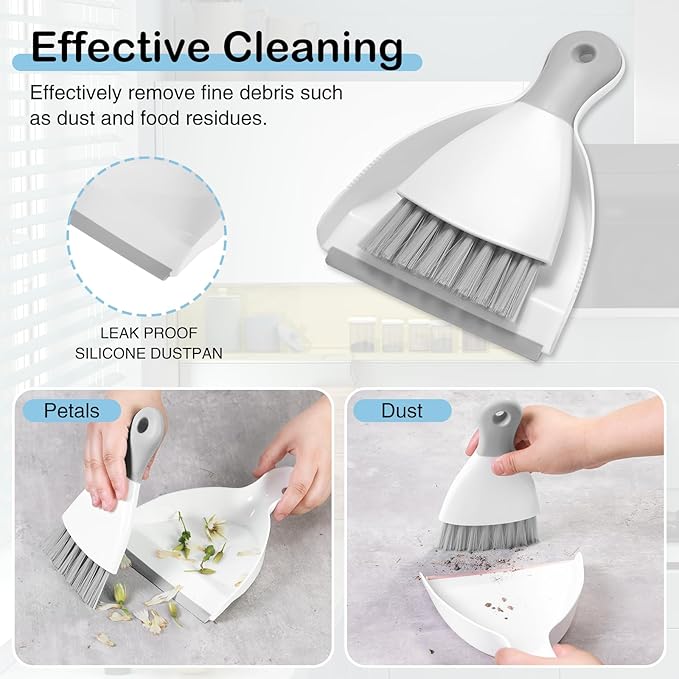 NACENA Mini Dustpan and Brush Set, Small Broom and Dustpan Set Dust Pan and Mini Hand Broom Dustpan and Broom Combo Compact for Home Table Keyboards Sofa Kitchen, White & Gray