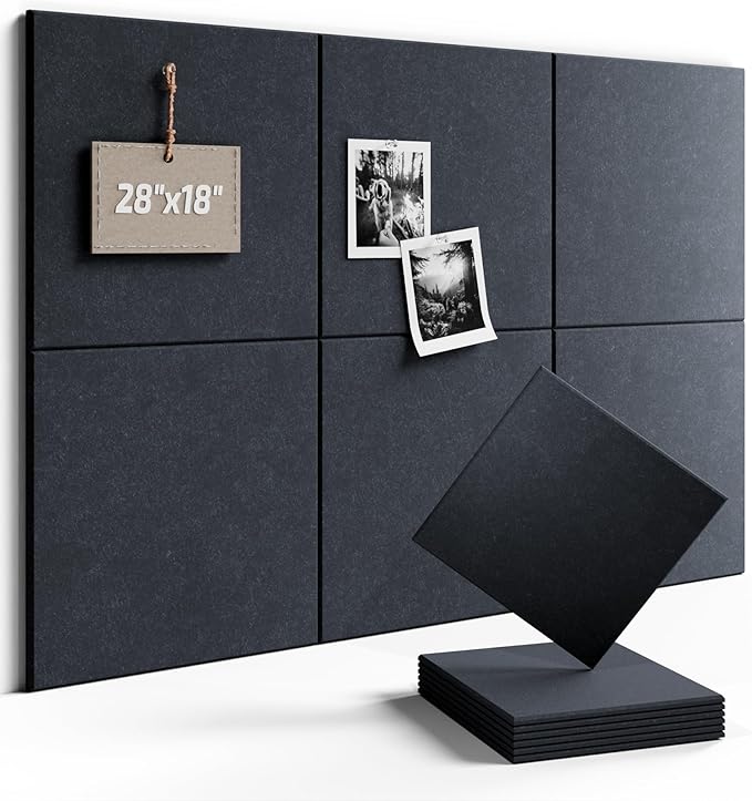 Fluxynara Felt Bulletin Board Tiles -28"x18" Cork Board Alternative for Office Decor, Push Pin Board Wall Organizer 6-Pack - Deep Charcoal Blue