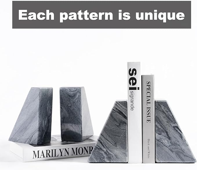 Karibiber Marble Bookends for Heavy Books, Decorative Book Ends for Shelves, Unique and Heavy-Duty Book Ends for Hardback Book & CDS, Stone Book Stopper, Modern Book Holder, Monte Grigi, Set of 2
