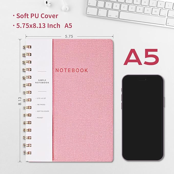 Spiral Notebook-5.75" x 8.125" College Ruled Journal with Inner Pockets and 160 Pages,PU Leather Cover Business Journal, Twin-Wire Binding Notebook Perfect for Office & Home School Supplies 6 pack Reefblue/Pink