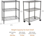 Amazon Basics 3-Shelf Adjustable, Heavy Duty Storage Shelving Unit on 2'' PP Plastic Wheel Casters, Metal Organizer Wire Rack, 23.2" L x 13.4" W x 32.75" H, Black