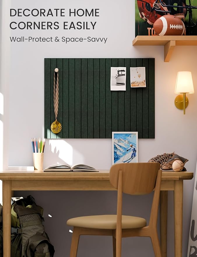 Fluxynara Felt Bulletin Board Tiles -28"x18" with 40 Adhesive Tabs, Cork Board Alternative for Office Decor, Push Pin Board Wall Organizer 6-Pack (Pine Green)