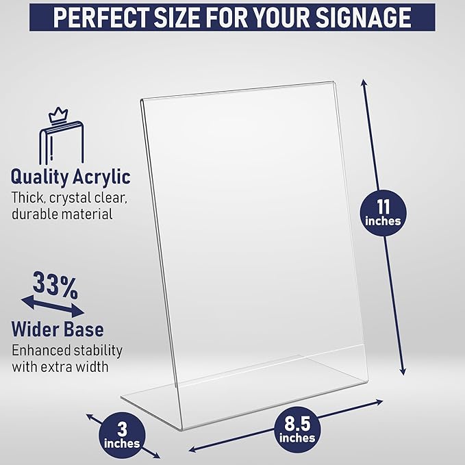Slant Back Acrylic Sign Holder 8.5 x 11 Inches, Portrait Ad Frame and Flyer Display Stand. Menu Holder and Table Sign Display for Home, Office, Store, or Restaurant Use. Acrylic Stands for Tabletop (3 Pack)