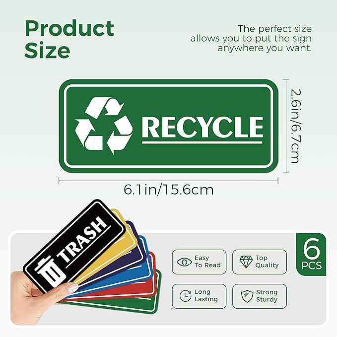 6PCS Recycle Sign Stickers for Trash Bins,Self-adhesive Waterproof Trash Recycle Stickers, Recycling Labels for Trash Can, Home, Office, Apartment, Hotel, School and Public Area