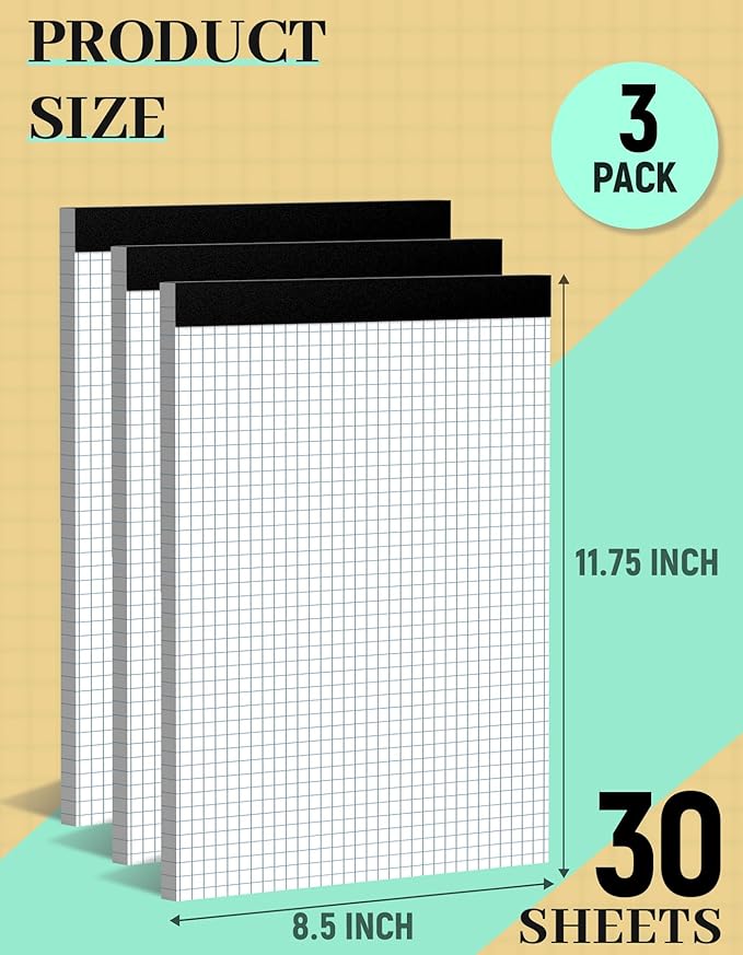 Aidunmis Graph Paper Pads 8.5 x 11, 4x4 Quad Ruled, 3 Pack Grid Paper Pad 8.5 x 11, 30 Sheets Perforated Blueprint Quadrille Letter Size Graphing Notebook for Drafting, Drawing, Engineering