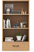 LOKO 4-Tier Bookcase with Storage Drawer, Modern Organizer Display Storage Shelves with Anti-toppling Device, Freestanding Bookshelf w/ 3 Open Shelves & 1 Drawer, Living Room, Study, Office (Natural)