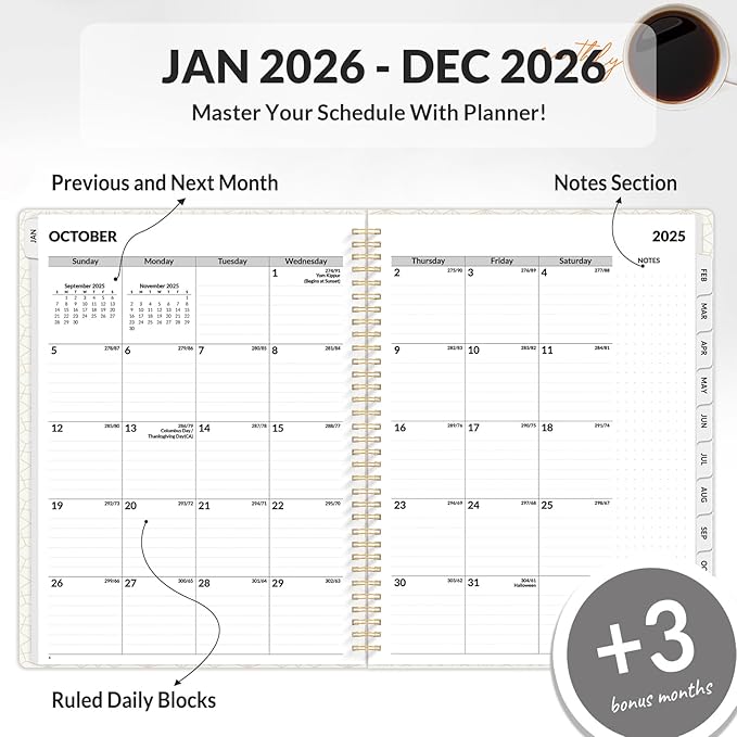 SUNEE 2026 Planner, Weekly and Monthly Calendar Planner, January 2026-December 2026, Daily Agenda with Tabs, Note Pages, Spiral Binding, 8.5"x11", Black
