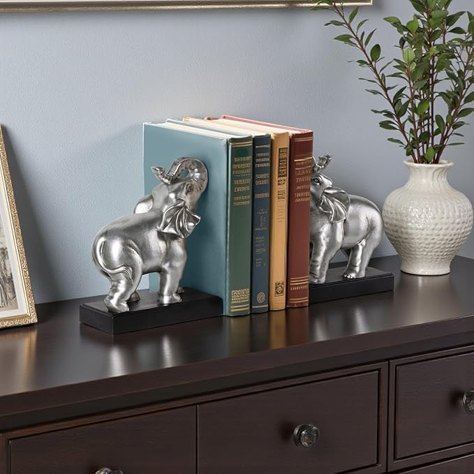 MXARLTR Elephant Book Ends Decorative, Bookends for Shelves, Book Ends for Heavy Books with Anti-Slip Pad for Book Lovers Heavy Book Holder for Home Office Decor (Silver)