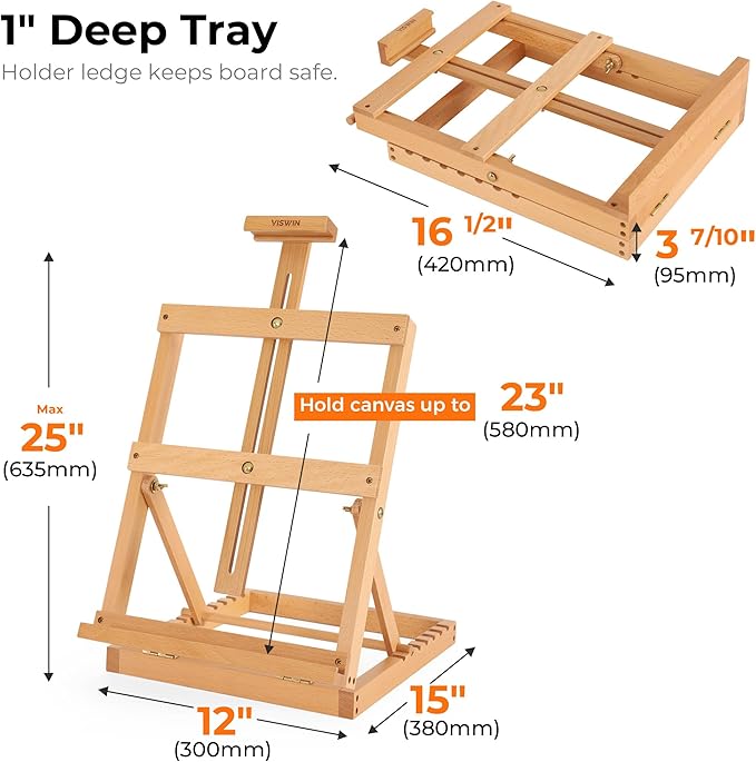 VISWIN Heavy-Duty Table Top Easel for Painting, Adjustable Beech Wood Tabletop Easel, Hold Canvas up to 23”, Portable Art Desktop Easel Stand for Adults, Artists, Beginners – Natural