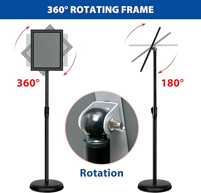 VAIIGO 2Pack 8.5x11 Inch Adjustable Pedestal Poster Sign Stand, Heavy Duty Floor Standing Sign Holder Stand Aluminum Snap Open Frame for Vertical and Horizontal View Sign Displayed(Black)