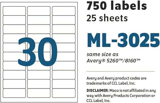 MACO Laser/Ink Jet White Address Labels, 1" x 2-5/8", 30 per Sheet, 750 per Pack (ML-3025)