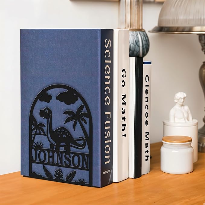 Personalized Name Book Ends Metal, Heavy Duty Bookends for Shelves Decorative, Dinosaur Non-Slip Book Stopper, Home Office Desk Modern Bookshelf Decor, Customized Gifts Color06