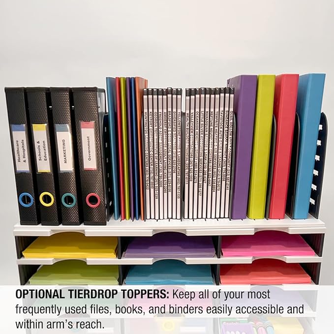 Desktop Organizer 12 Letter Tray Sorter Plus Riser Storage Base & 3 Storage Drawers - Ultimate Office TierDrop Desktop Organizer Stores All of Your Documents & Supplies in One Compact Modular System