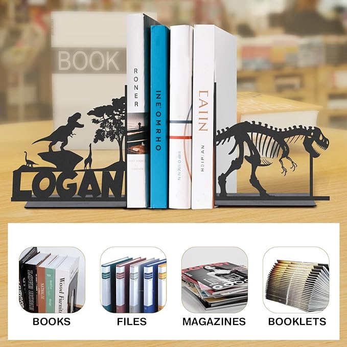 Personalized Name Book Ends Metal, Heavy Duty Bookends for Shelves Decorative, Dinosaur Non-Slip Book Stopper, Home Office Desk Modern Bookshelf Decor, Gifts for Readers Color02