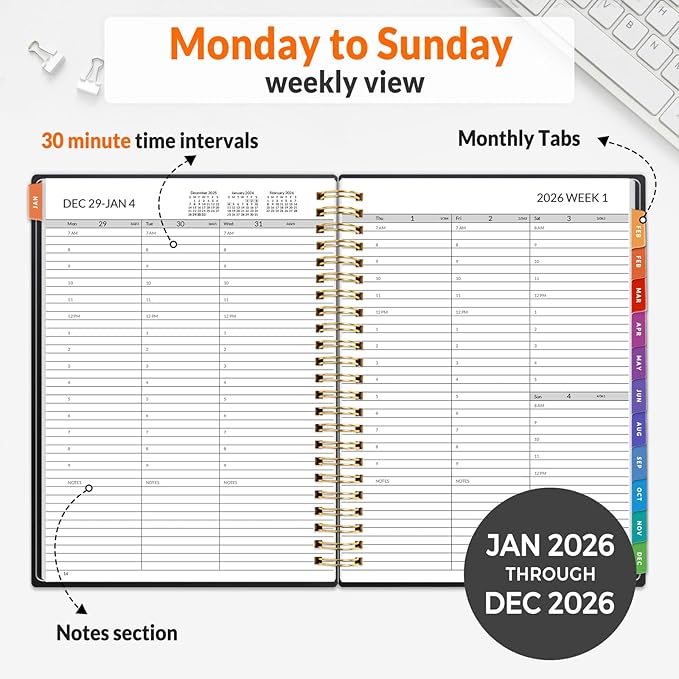SUNEE 2026 Appointment Book, 2026 Hourly Planner 6.4"x8.3", Hourly, Weekly & Monthly Planner - from January 2026 - December 2026, Flexible Cover, Note Page, Pocket, Bookmark, Black