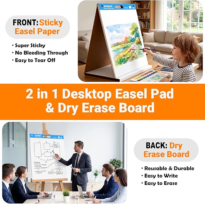 AFMAT Tabletop Sticky Easel Pad & Dry Erase Board 2 in 1, 20 x 23 in Portable Easel Stands for Teachers, Super Sticky & Bleed-Resistant, Ideal for Meetings/Training/Presentation, 20 Sheets/Pad, 6 Pads