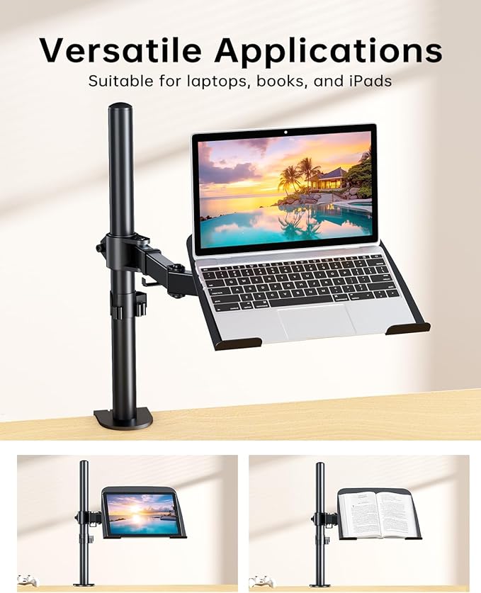 H&C(hcck&Cllassp) Laptop Desk Mount for 11"-17" Notebook, Fully Adjustable with Tilt, Swivel, Rotation, Extension, Single Laptop Arm with Vented Tray, C-clamp, Black