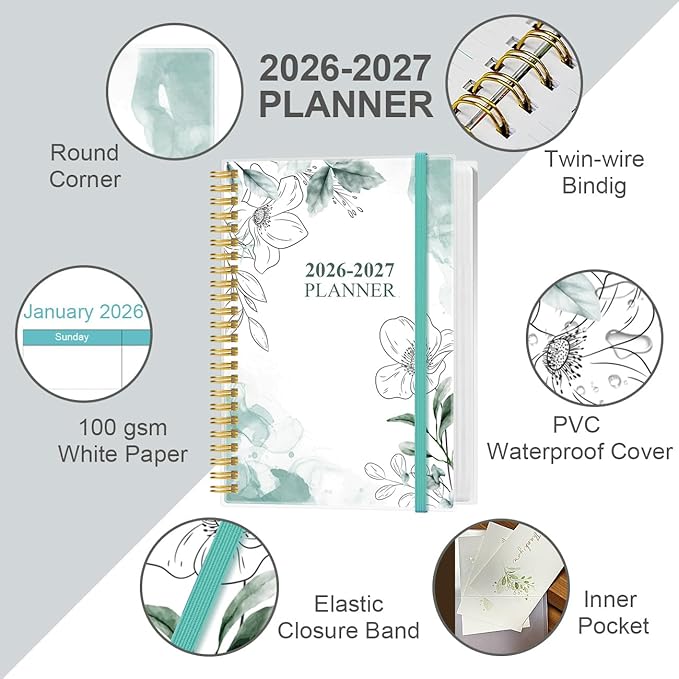 2026-2027 Planner - 18 Months Weekly & Monthly Planner from January 2026 - June 2027, Spiral Planners 2026-2027 with Elastic Closure, Inner Pocket, Medium 5.8" x 8.3", Teal Flower