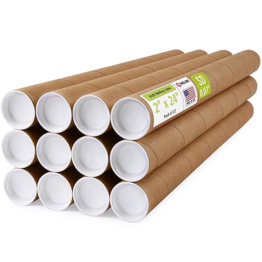 2" x 24" Reinforced Kraft Paper Mailing Tubes, Pack of 12 Tubes with 2 Caps Each – USPS Approved Poster Tube – Made in USA Cardboard Tube for Shipping and Storing Posters, Prints, Artwork, Documents