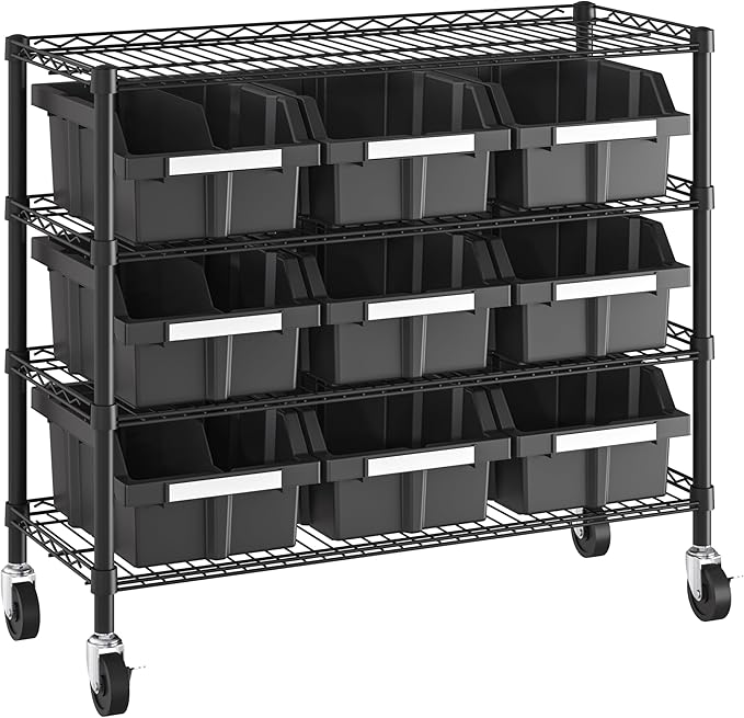Seville Classics Heavy Duty NSF Bin Rack Solid Steel Wire Shelving Storage Unit, Patented Organizer for Garage, Warehouse, Office, Restaurant, Classroom, Kitchen, Graphite, 4-Tier includes 9 Bins