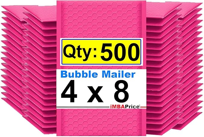 iMBAPrice 4x8 Inch Pink Poly Bubble Mailers #000, 500-Pack – Waterproof Self-Seal Padded Shipping Envelopes for Small Business, Jewelry, Cosmetics, Cards & Accessories