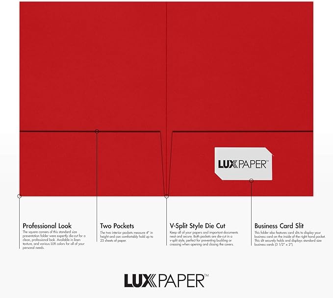 LUXPaper 9" x 12" Presentation Folders | Two Pocket | Ruby Red | 100lb. Cover | 10 Qty