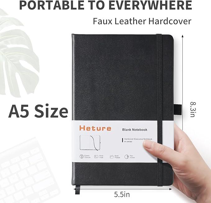 Heture Hardcover Notebooks, A5 Blank Notebook for Writing 160 Pages, 8.2 x 5.5 inch, Classic Blank Notebooks for College/Work/Travel(Black 3 Pack)