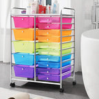 HAPPYGRILL 15-Drawer Rolling Cart, Storage Carts with Removable Drawers & Steel Frame, Utility Cart on Lockable Wheels for Home, School, Office,Colorful