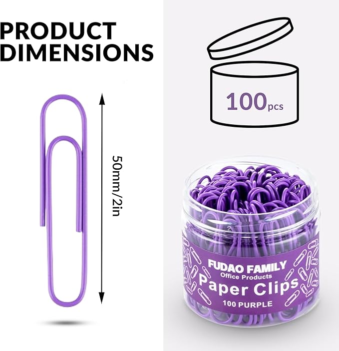 Jumbo Paper Clips, 2 Inch Large Paper Clip, 100 pcs Paperclips (Jumbo, Purple)