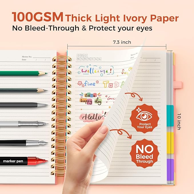 XYark Line Hardcover Spiral Notebook with Removable Dividers Tabs & Ruler, 5 Subject Notebook College Ruled, 300 Page, Large 8"x10" B5 Notebooks for Work School, Lined Journal for Women & Men, Pink