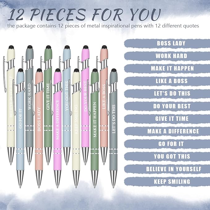 Zonon 12 Pcs Inspirational Pens Bulk Funny Ballpoint Pen with Stylus Tip Motivational Gifts for Valentine's Day Teacher Coworkers Nurse School Office Supplies(Morandi,Boss Lady)