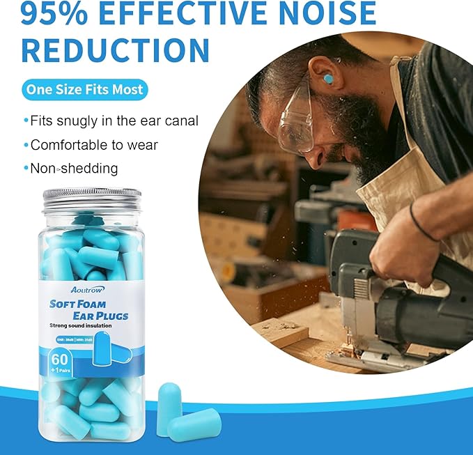 Aoutrow 60 Pairs Soft Foam Ear Plugs, 38dB SNR Slow Rebound Ear Plugs for Sleeping Noise Cancelling, Noise Reduction, Work, Swimming, Shooting, Studying, Blue