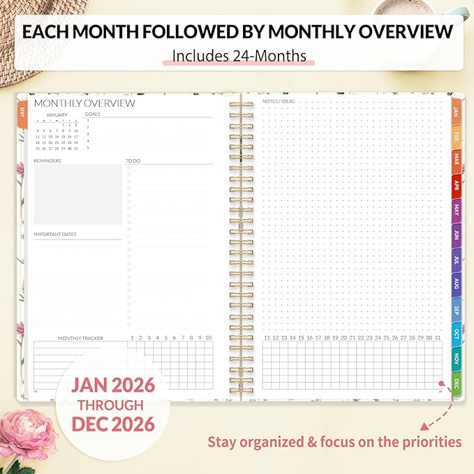 SUNEE 2026-2027 Planner - 24 Months (Jan 2026 - Dec 2027) - 7"x10" Monthly Spreads & Yearly Planner, Wildflowers