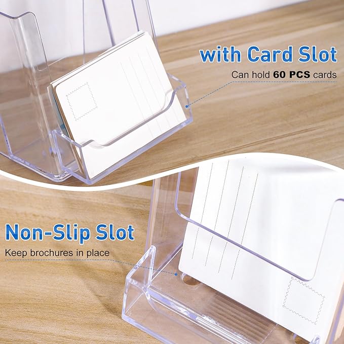 xydstay 4x9 Acrylic Brochure Holder with Business Card Holder, Clear Display Stand, Plastic Table stand Sign Holder, Pamphlet Holder Flyer Holder, Acrylic Display Stand for Office, Home, Store, 4 Pack