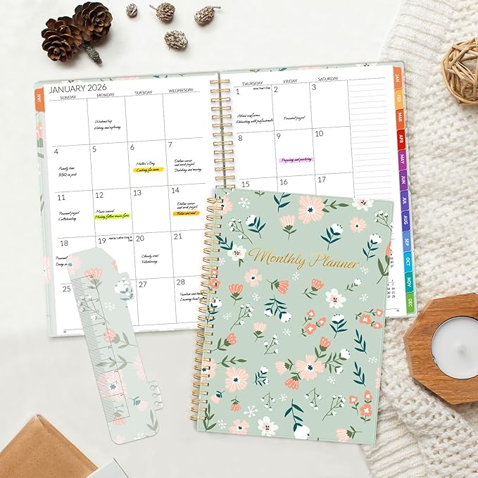 SUNEE 2026-2027 Planner - 24 Months (Jan 2026 - Dec 2027) - 7"x10" Monthly Spreads & Yearly Planner, Green Wildflowers