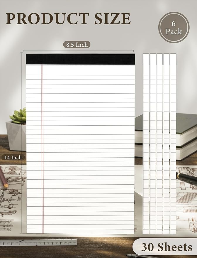 White Legal Pads 8.5 x 14, 6 Pack Wide Ruled Legal Notepads, White Note Pads 8.5 x 14 Writing Pads, Notebook Paper 8.5x14, Lined Tablets Notebook Pads of Paper, 70 GSM White Paper, 30 Sheets/Pad