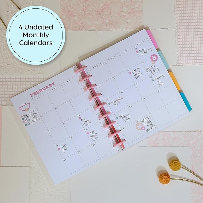 Happy Planner Undated Plans + Notes Monthly Planner Notebook Journal, 4-Month Planner, Good Going Theme, Classic Size, 95 Pages, 4 Dividers, 12 Planner Sticker Sheets, 7" x 9 3/4"
