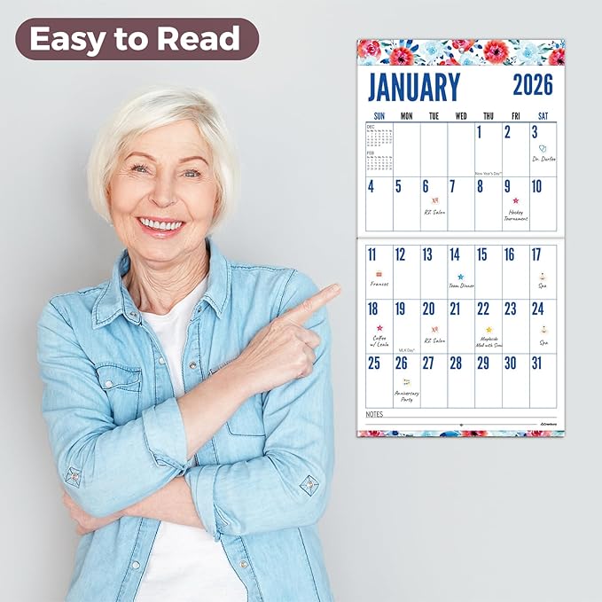 CRANBURY Large Print Wall Calendar 2026, 12x23" Open, 12 Months Floral Designs, Use Jan to Dec 2026, Big Numbers, Big Grid, Low Vision Calendar, Non-Glossy Paper for Easy Writing, Includes Planner Stickers