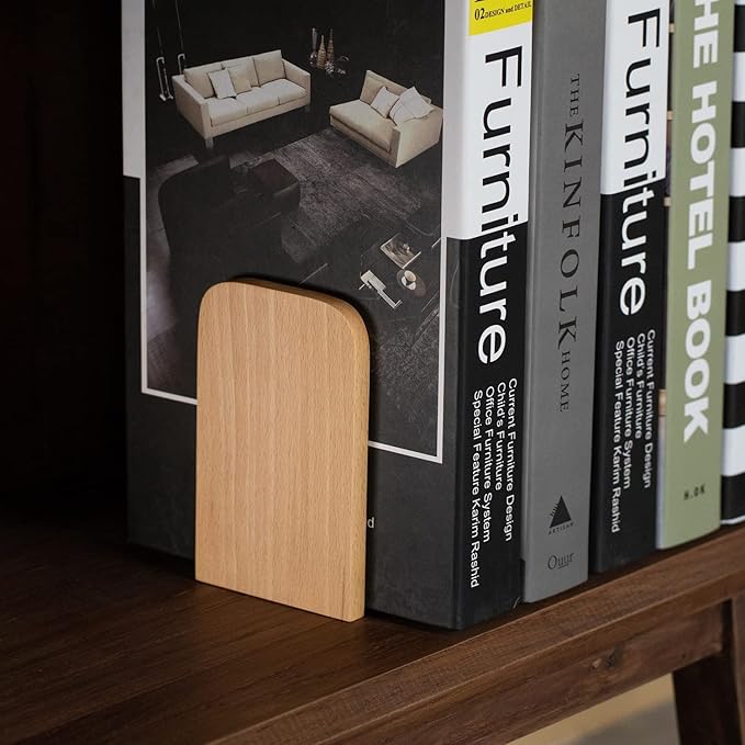 Muso Wood Book Ends for Shelves, Non-Slip Bookends, Heavy Duty Wooden Bookend Support for Books and Movies (Beech 2 Pairs)