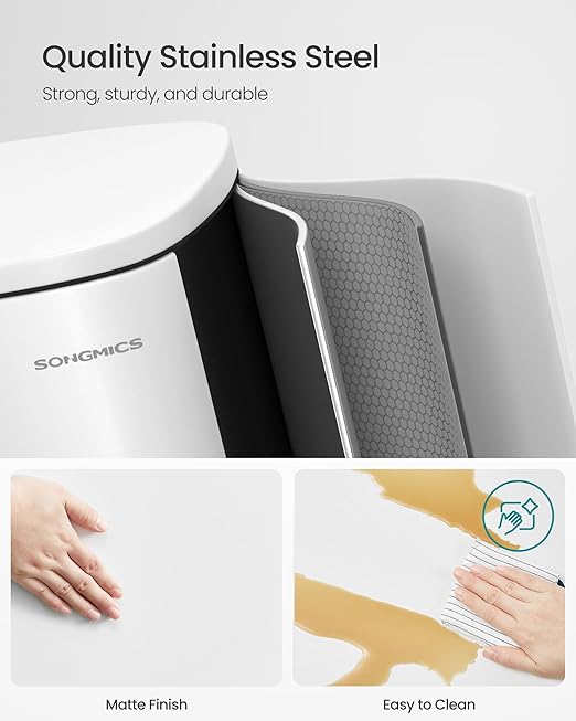 SONGMICS 13 Gallon (50 L) Trash Can, Stainless Steel Kitchen Garbage Can, Recycling or Waste Bin, Soft Close, Step-On Pedal, Removable Inner Bucket, White ULTB050W01