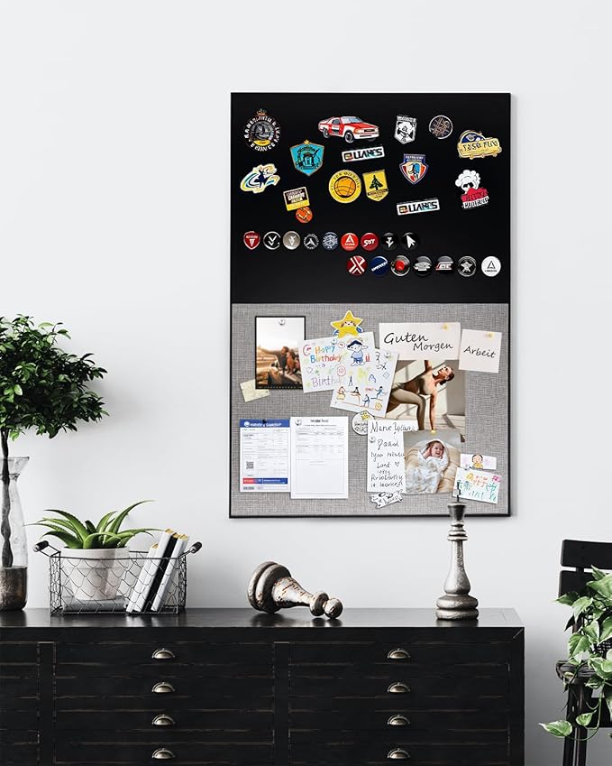 Lightomorrow Bulletin Board 36 x 24 inches, Black Board & Grey Fabric Board Combo, Black Aluminum Framed Linen Vision Board with 10 Push Pins